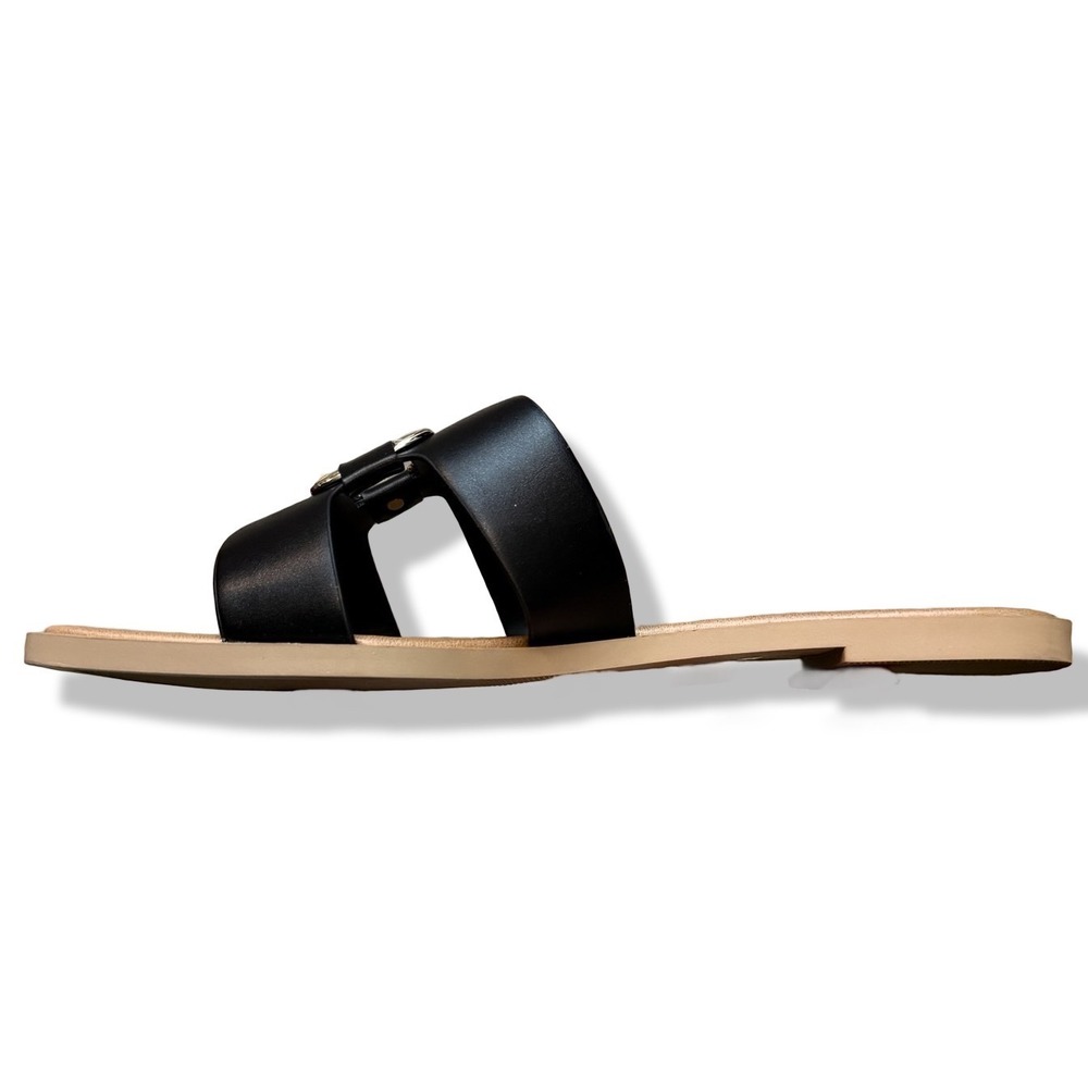 SODA FENG SANDALS Black Faux Leather Slide Gold Buckle Sz 10 - Picture 6 of 14